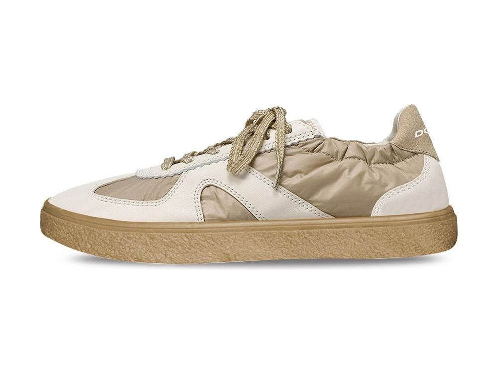 OEM/ODM cream leather and taupe ripstop low-top sneaker with a gathered elastic collar, scalloped overlay edges, rope laces and a textured gum cupsole, manufactured by DOING Footwear