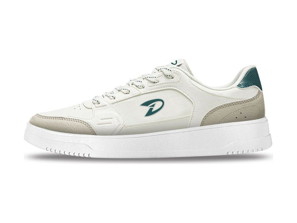 OEM/ODM off-white leather low-top court sneaker with grey tumbled-leather overlays, dark teal heel tab and a flat white cupsole, manufactured by DOING Footwear